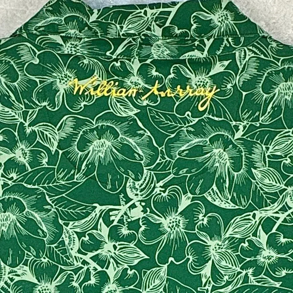 William Murray Polo Shirt Men M Green Floral AOP Performance Hawaiian Aloha Golf